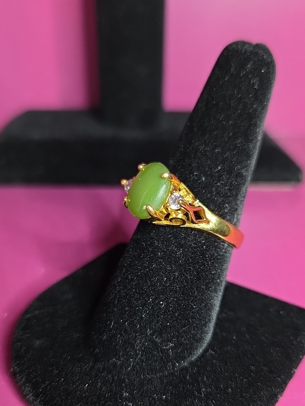 Vintage Mid-Century Gold-Tone Jade Green Gemstone & Crystal Costume Ring